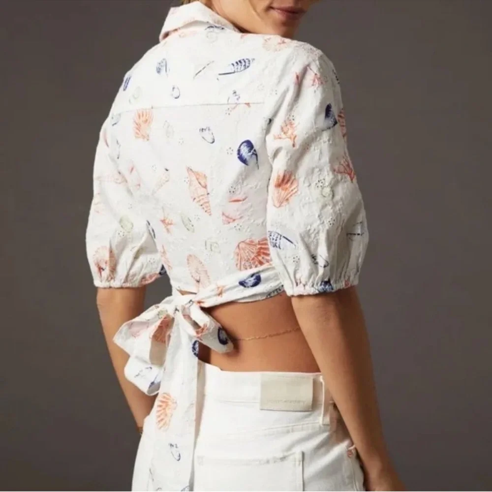 Anthropologie White and Orange Pajama Set with Whimsical Design Seashells Sea M2 - Picture 7 of 10